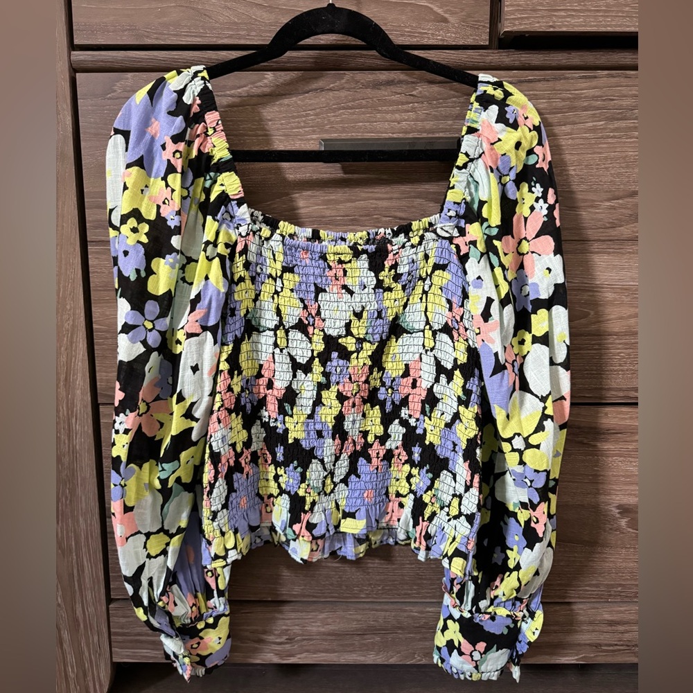 Free People Ariana Floral Puff Sleeve Crop Top Blouse